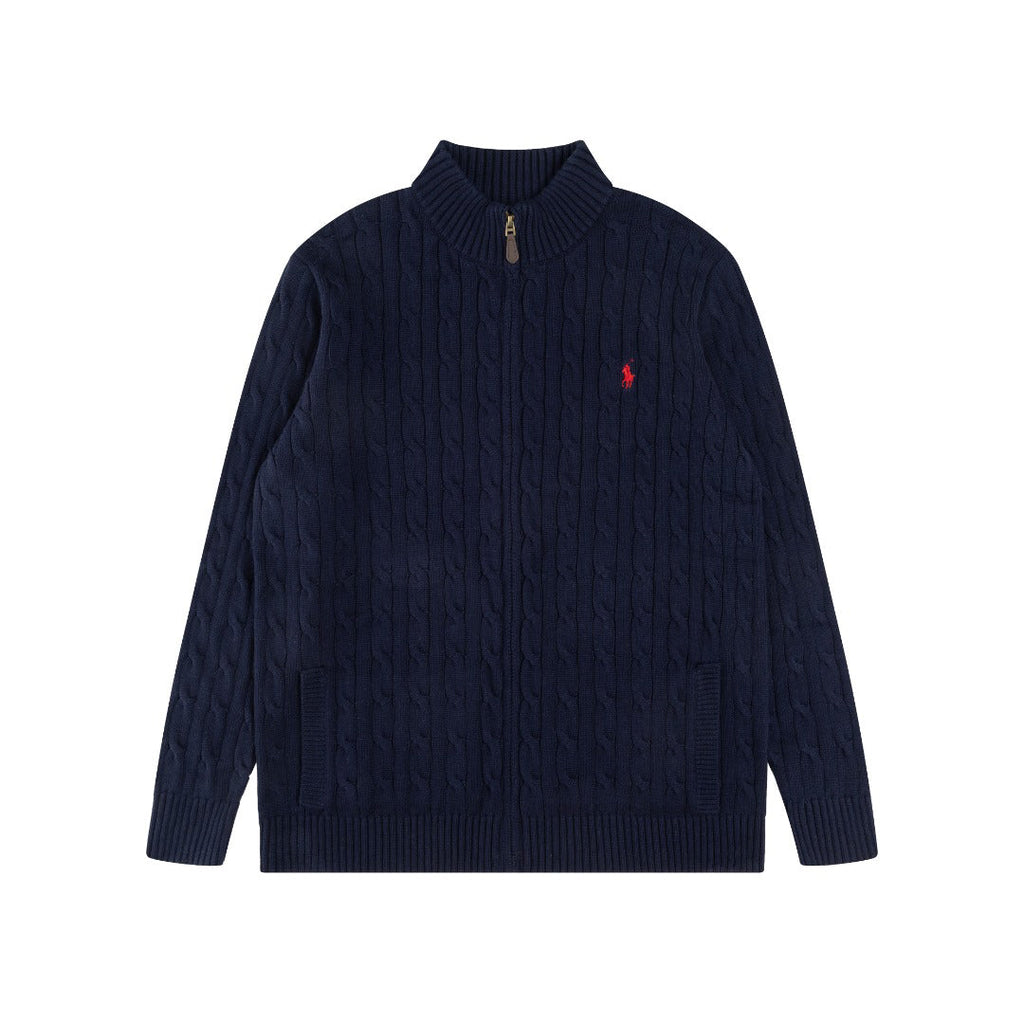 Ralph Lauren Men's Full‑Zip Cable Knit Stand Collar Cardigan Sweater With Navy Pony Logo