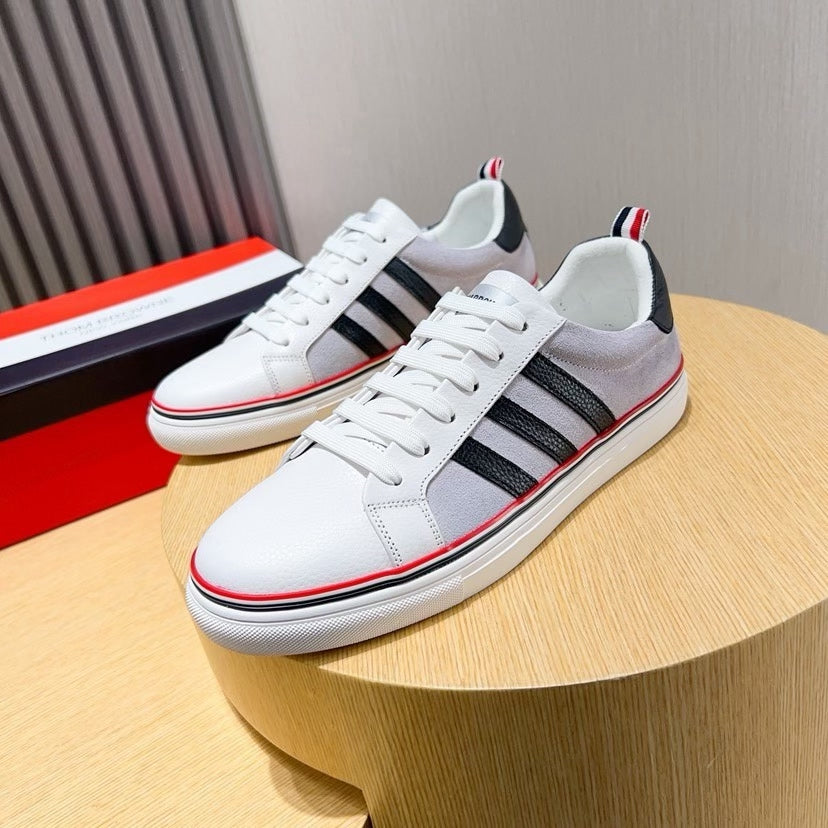 Three-Stripe Color-Block Sneaker — Red & Black Sole Detail