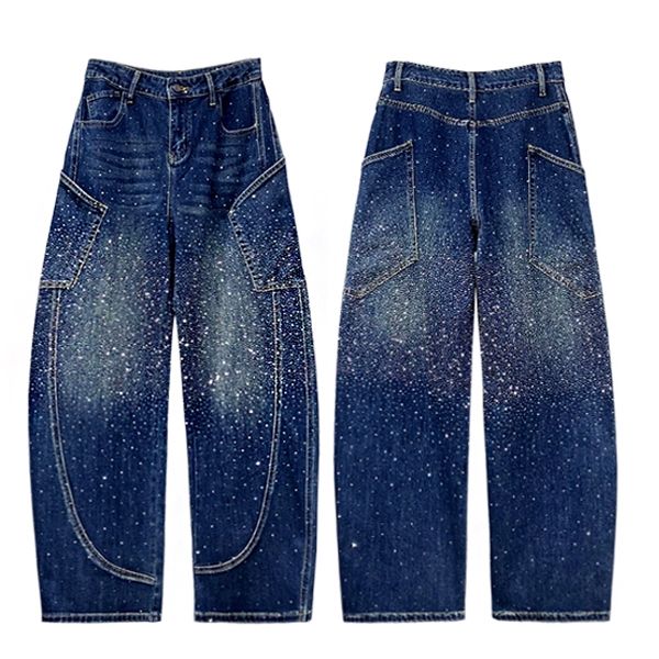 Rhinestone Studded Baggy Banana Curved Jeans Vintage Washed Streetwear
