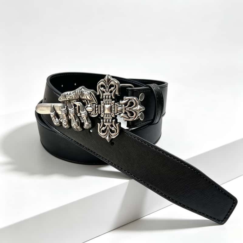 Chrome Hearts Bone Claw Cross Distressed Leather Belt Unisex