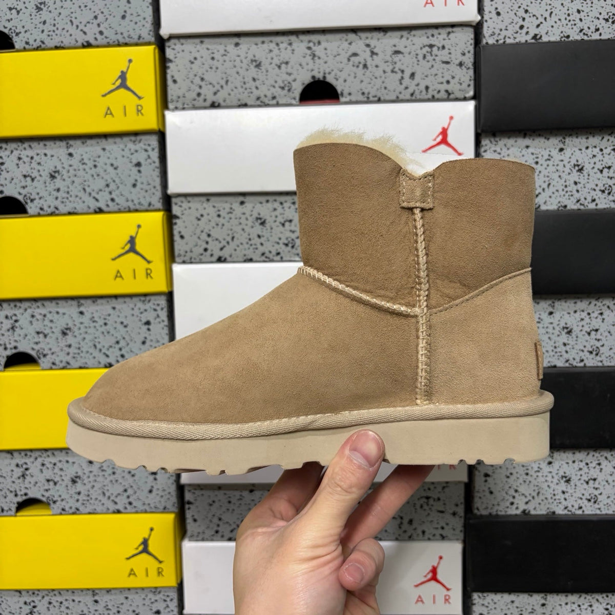 UGG Kallen Lace Mini Boot – Suede Ankle Boot with Shearling Cuff & Signature Button Closure in Sand