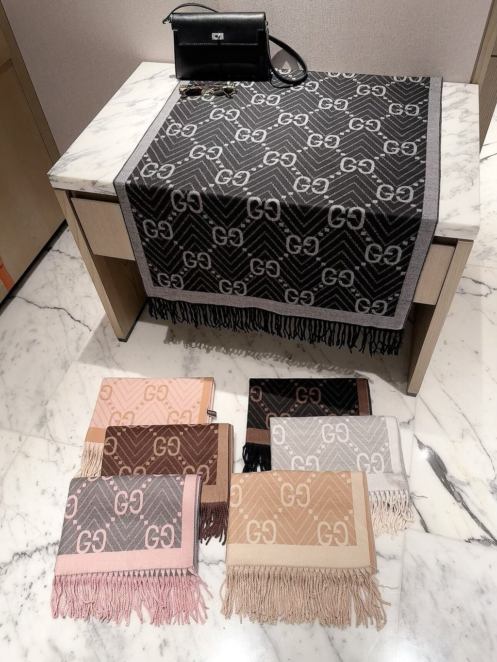 Gucci Style GG Herringbone Fringe Scarf