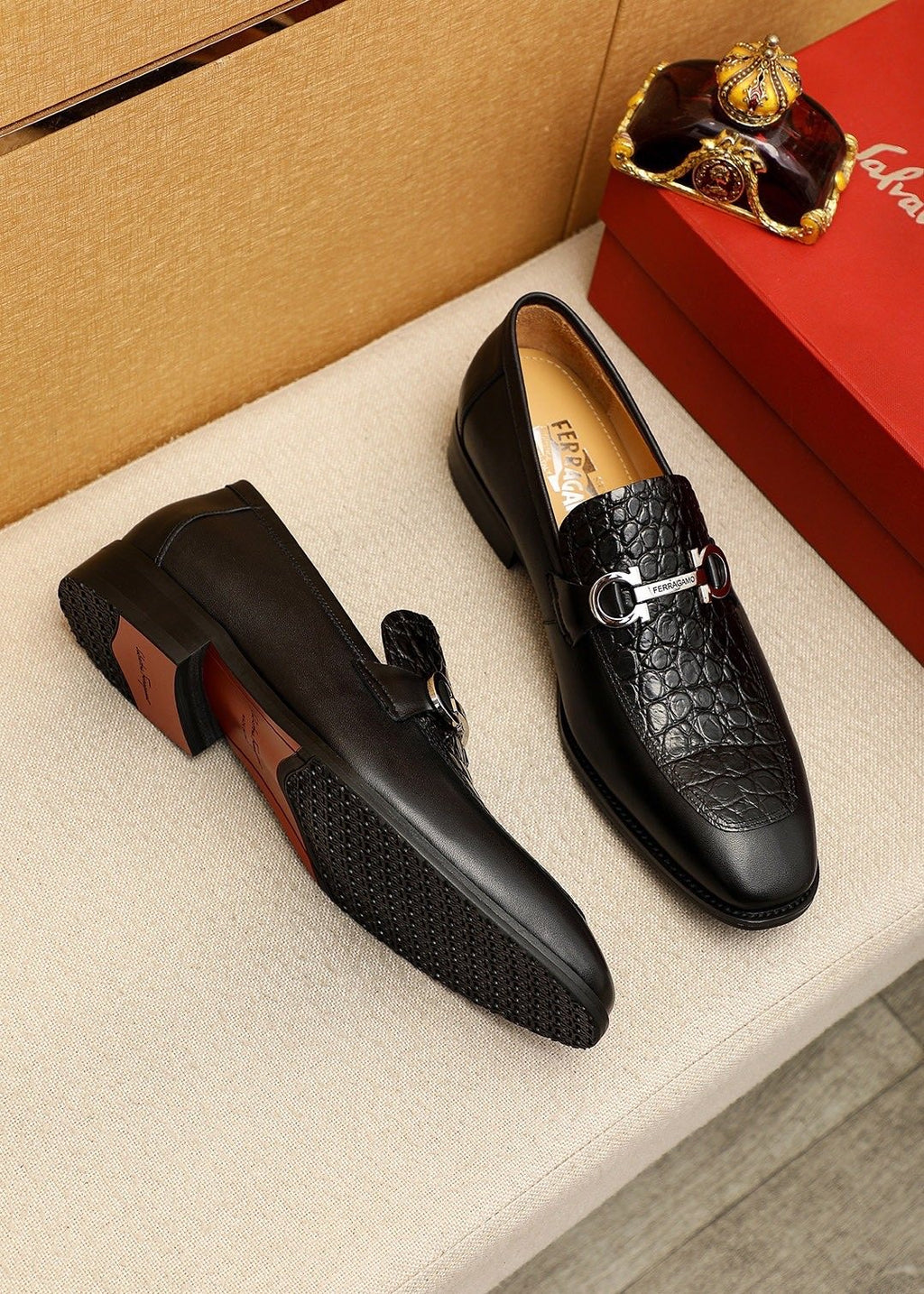 Ferragamo Black Embossed Leather Buckle Loafers