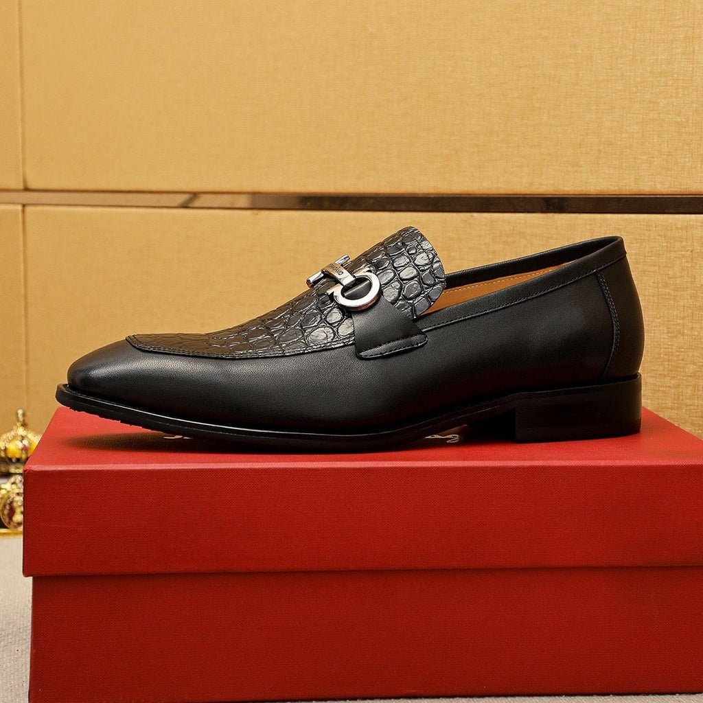 Ferragamo Black Embossed Leather Buckle Loafers