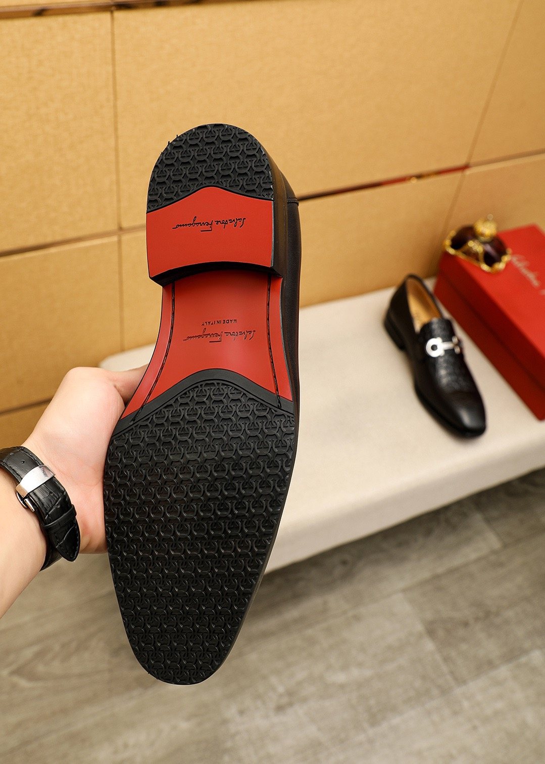 Ferragamo Black Embossed Leather Buckle Loafers