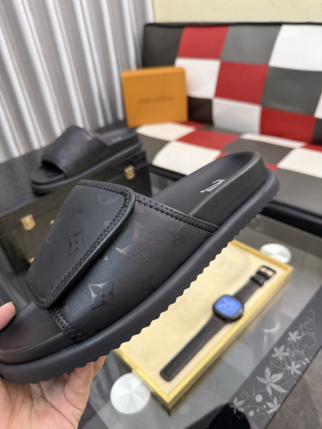 Louis Vuitton Black Monogram Slide Sandals - Wide Monogram-Pattern Strap