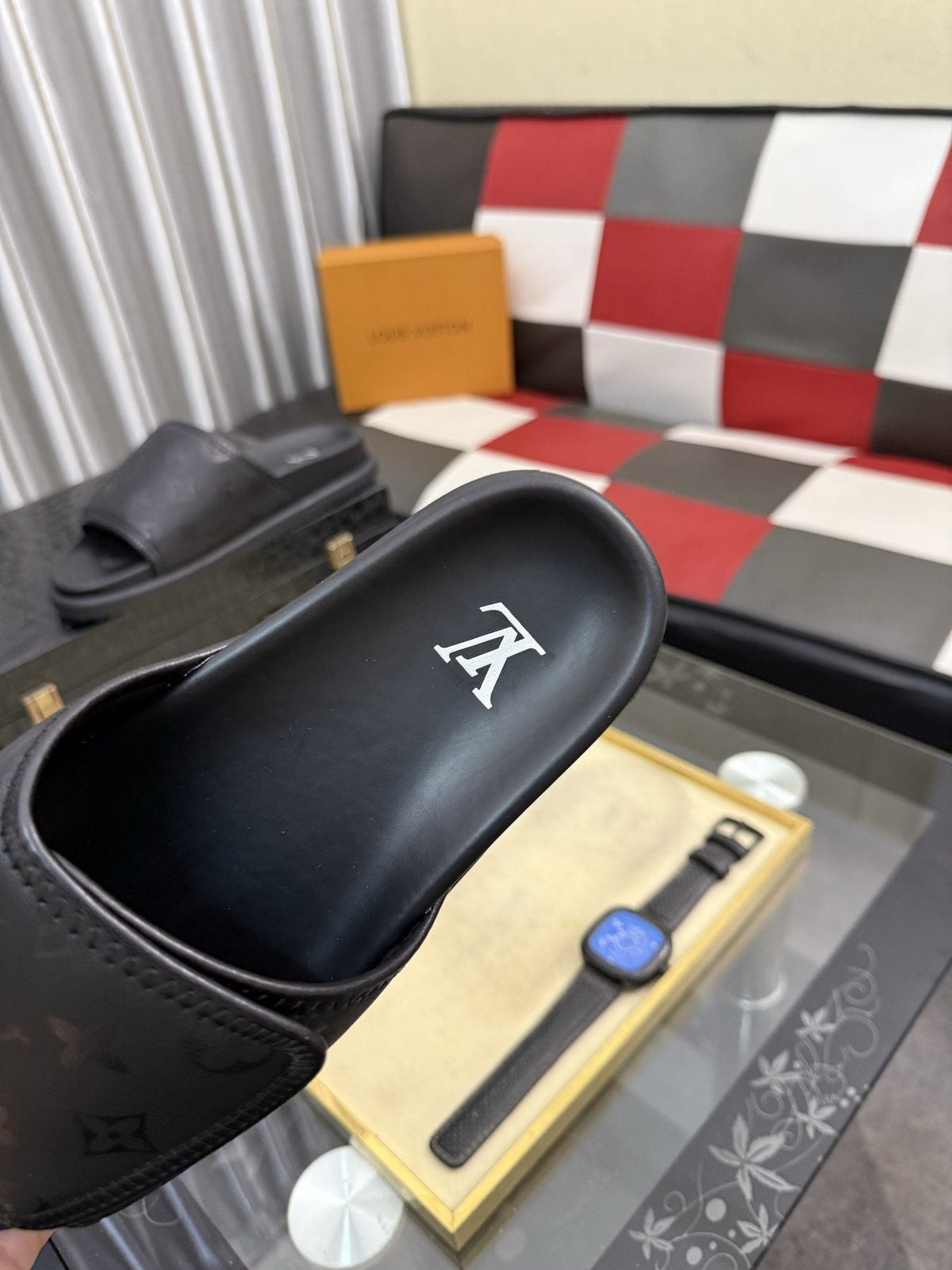Louis Vuitton Black Monogram Slide Sandals - Wide Monogram-Pattern Strap