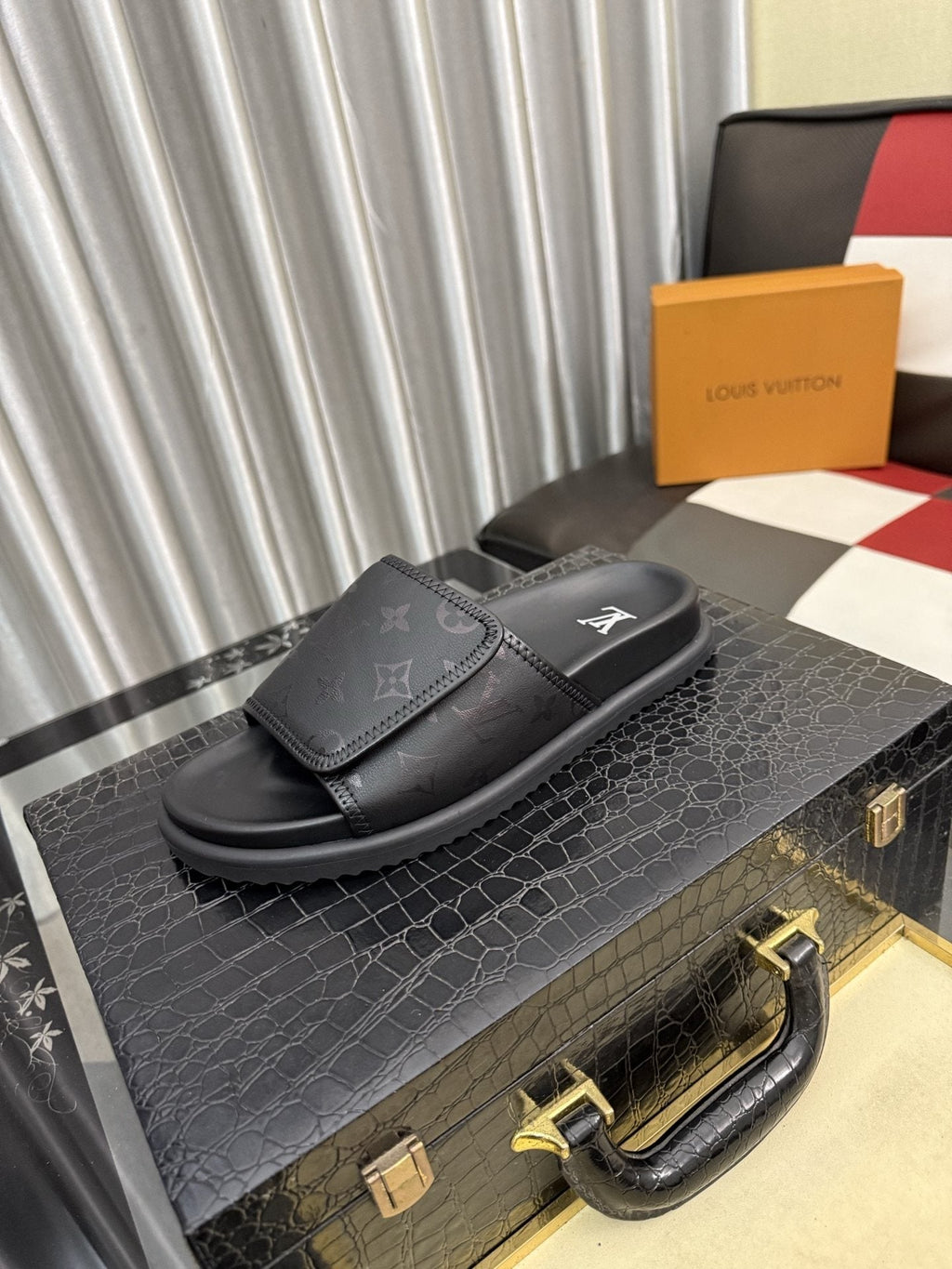 Louis Vuitton Black Monogram Slide Sandals - Wide Monogram-Pattern Strap