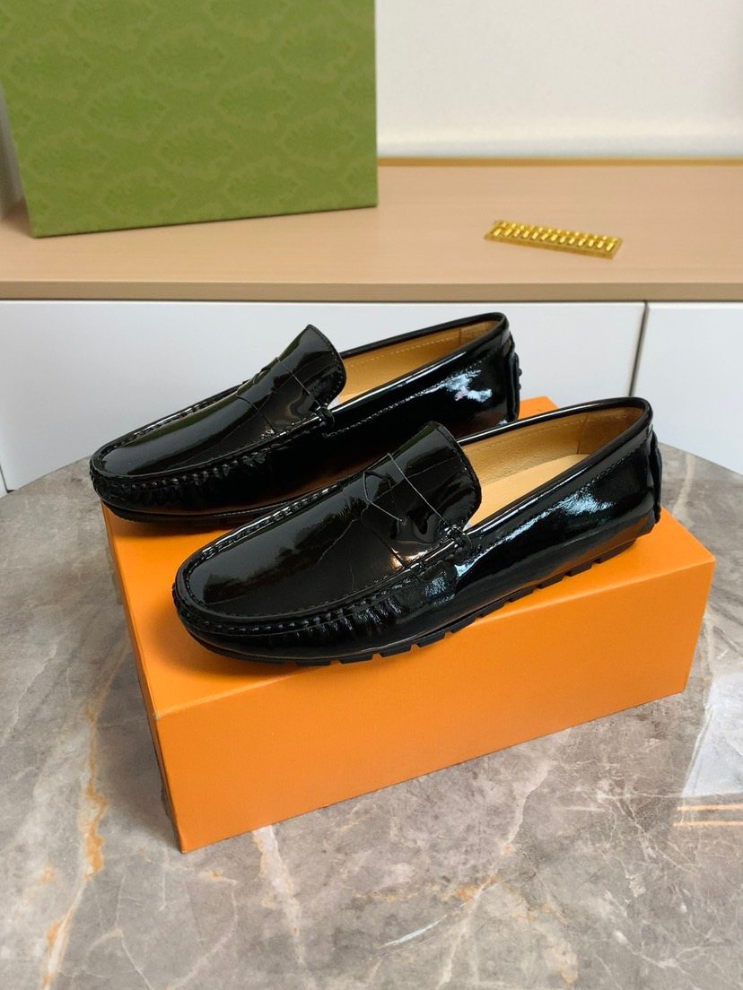 Louis Vuitton Men's Black Leather Loafers - Tan Interior