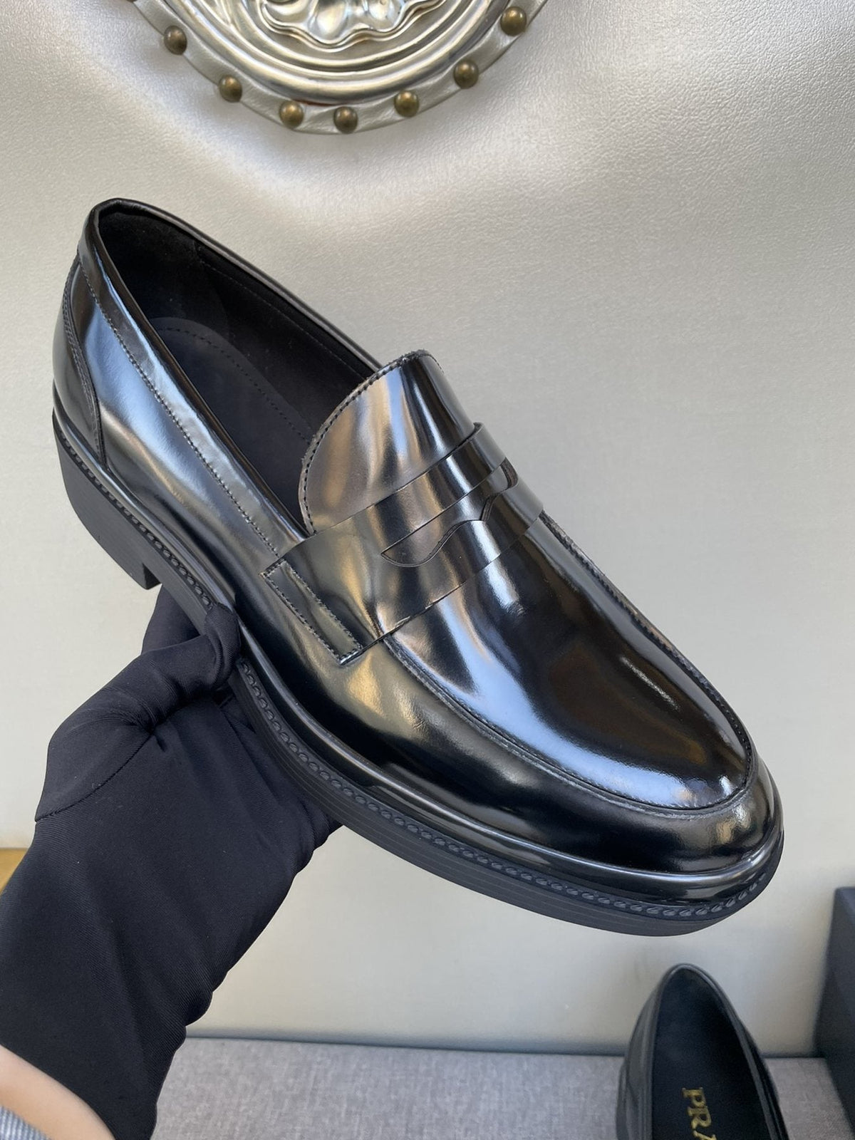 Prada Black Glossy Strap Loafers