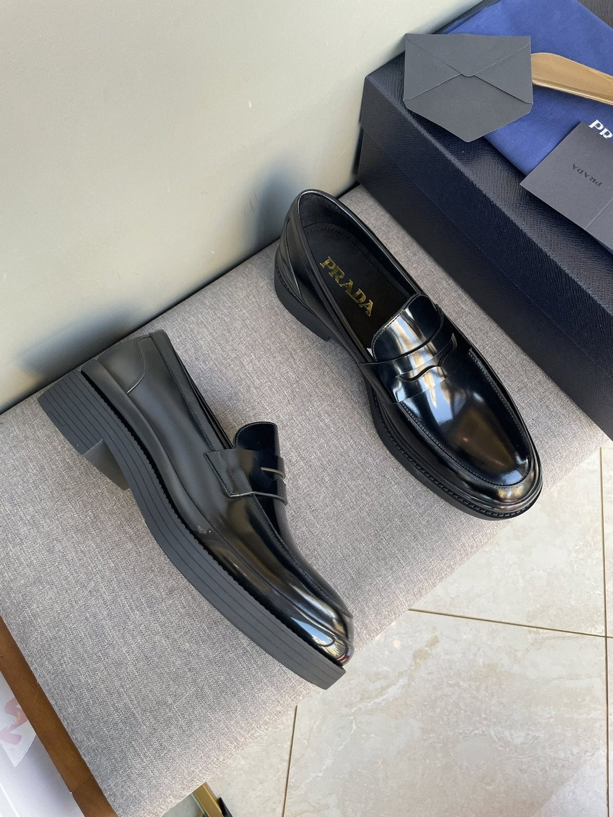 Prada Black Glossy Strap Loafers