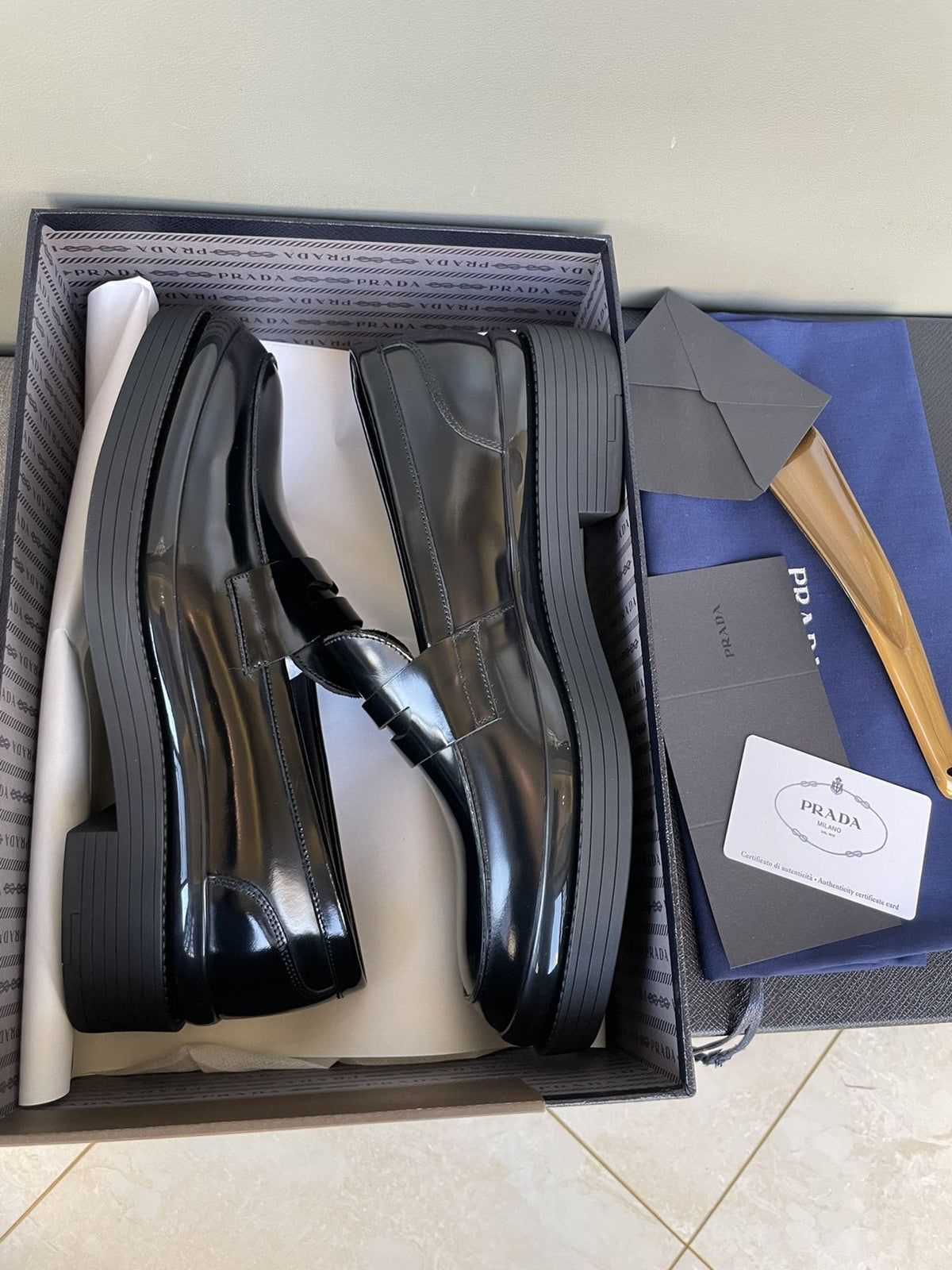 Prada Black Glossy Strap Loafers