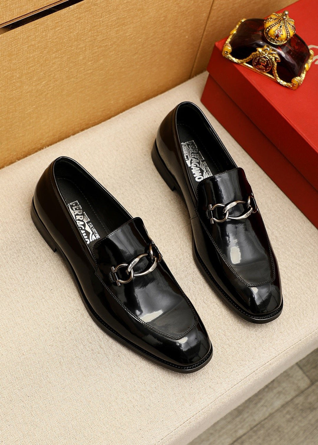 Ferragamo Black Patent Bit Loafers