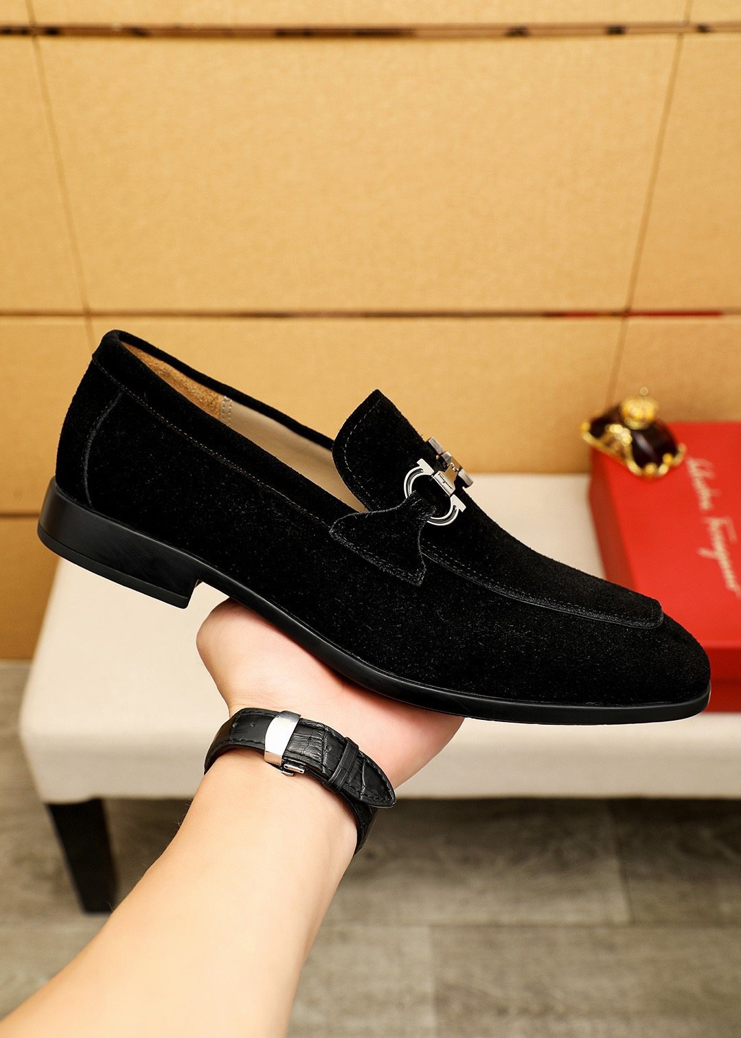 Men's Black Suede Buckle Slip-On Loafers