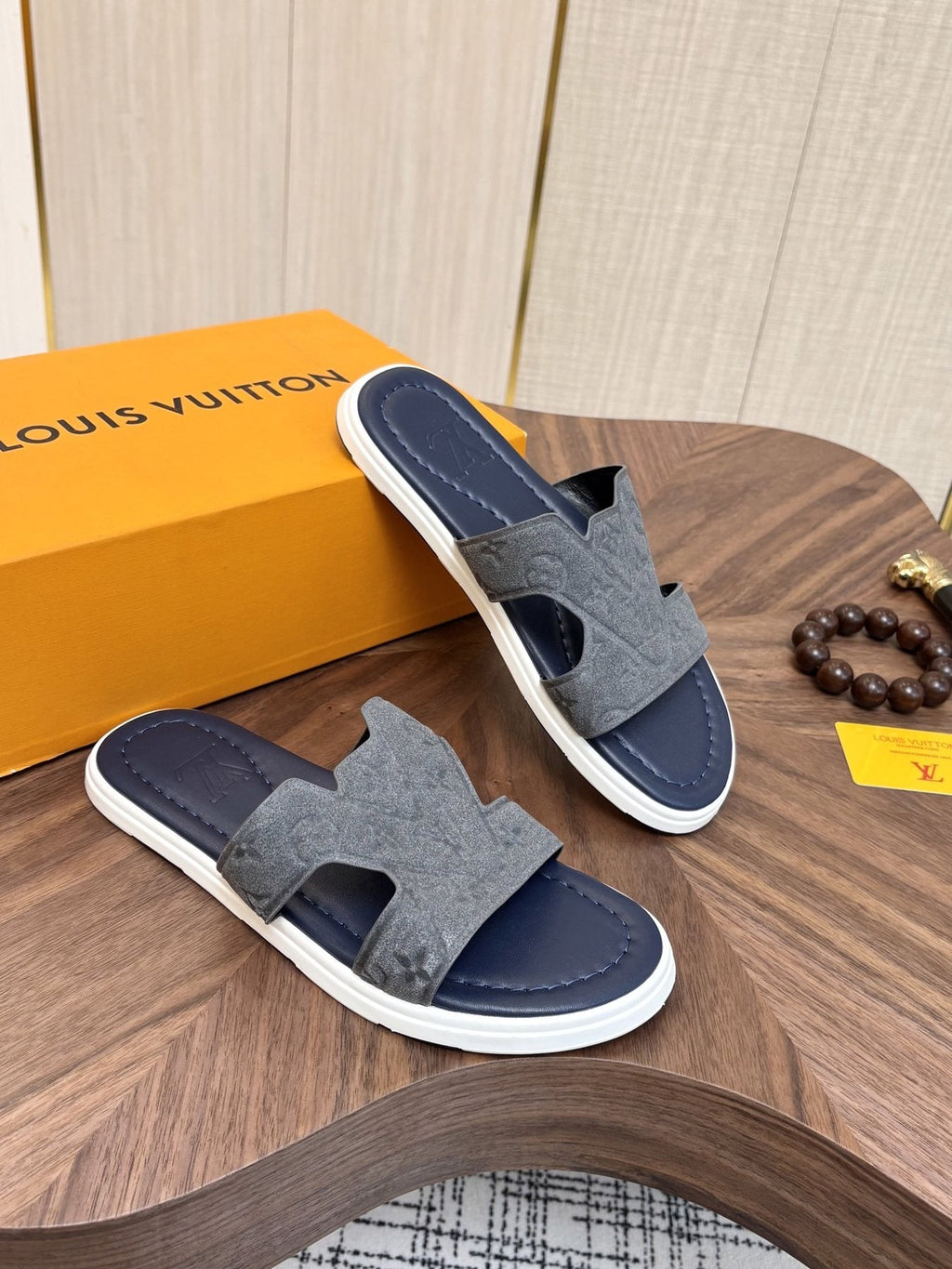 Louis Vuitton Embossed Navy Blue Slide Sandals